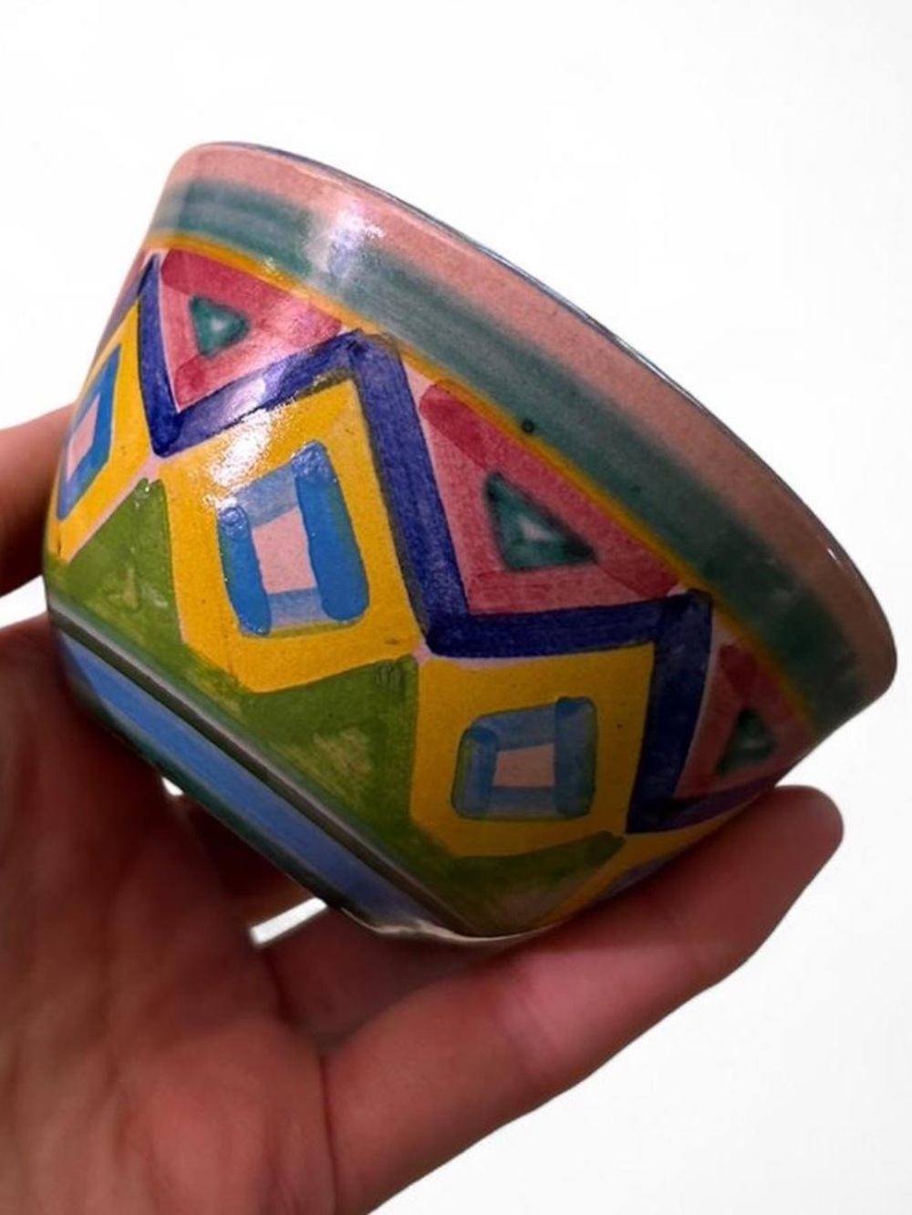 Hand-Painted Ceramic Bowl with Colorful Geometric Motif